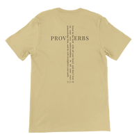 Load image into Gallery viewer, Soft Cream He Will Straighten Your Path shirt, flat back view showing PROVERBS in dark ink with the full Proverbs 3:5-6 verse running down through it to form a cross, 3:5-6 beneath.
