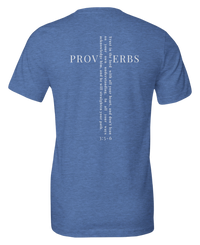 Load image into Gallery viewer, Heather Columbia Blue He Will Straighten Your Path shirt, back view, showing the Proverbs 3:5-6 cross graphic with PROVERBS set horizontal and the full verse running vertical through it.