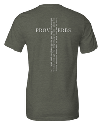 Load image into Gallery viewer, Heather Military Green He Will Straighten Your Path shirt, back view, showing the Proverbs 3:5-6 cross graphic with PROVERBS set horizontal and the full verse running vertical through it.