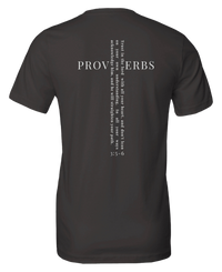 Load image into Gallery viewer, Vintage Black He Will Straighten Your Path shirt, back view, showing the Proverbs 3:5-6 cross graphic with PROVERBS set horizontal and the full verse running vertical through it.