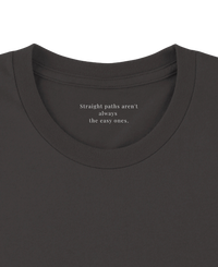 Load image into Gallery viewer, Close-up of the inner collar on the Vintage Black He Will Straighten Your Path shirt, reading "Straight paths aren't always the easy ones."