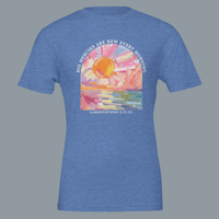 Load image into Gallery viewer, Studio shot of the Heather Columbia Blue His Mercies Are New Every Morning shirt, front graphic showing a painted sunrise arch with Lamentations 3:22-23.