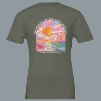 Load image into Gallery viewer, Studio shot of the Heather Military Green His Mercies Are New Every Morning shirt, front graphic showing a painted sunrise arch with Lamentations 3:22-23.