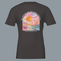 Load image into Gallery viewer, Studio shot of the Vintage Black His Mercies Are New Every Morning shirt, front graphic showing a painted sunrise arch with Lamentations 3:22-23.