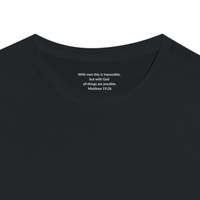 Load image into Gallery viewer, Inside collar of the Black I Can't But I Know A Guy t-shirt printed with Matthew 19:26: With men this is impossible, but with God all things are possible.
