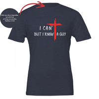 Load image into Gallery viewer, Heather Midnight Navy I Can't But I Know A Guy t-shirt, white hand-brushed lettering, I CAN' over BUT I KNOW A GUY, with a red brushstroke cross that forms the T in CAN'T and stands between KNOW and A GUY, with the Matthew 19:26 collar verse shown inset.
