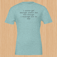 Load image into Gallery viewer, I never get enough credit shirt in Heather Ice Blue — front flat lay, premium combed ring-spun cotton