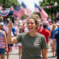 Load image into Gallery viewer, Woman waving an American flag at a Fourth of July parade, wearing the Land of the Free, Home of the Brave shirt in Heather Military Green with the front 1776 badge visible.