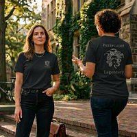 Load image into Gallery viewer, Two women wearing Heather Black Medusa Vilified shirt showing front and back graphic on campus
