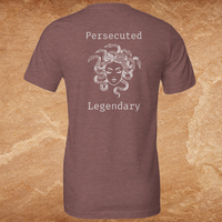Load image into Gallery viewer,  Medusa Vilified shirt Heather Mauve back view showing Persecuted Medusa Legendary graphic in red
