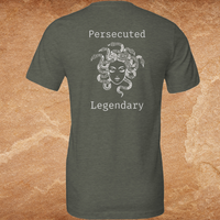 Load image into Gallery viewer, Medusa Vilified shirt Heather Military Green back view showing Persecuted Medusa Legendary graphic