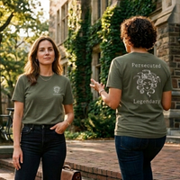 Load image into Gallery viewer, Two women wearing Heather Military Green Medusa Vilified shirt showing front and back graphic on campus