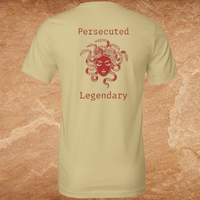 Load image into Gallery viewer, Medusa Vilified shirt Warm Cream back view showing Persecuted Medusa Legendary graphic in red