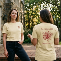 Load image into Gallery viewer, Two women wearing Warm Cream Medusa Vilified shirt showing front and back graphic on campus