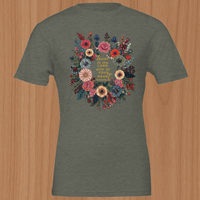 Load image into Gallery viewer, A flatlay presentation of the No. 33 The Calling premium luxury tee in heather military green, highlighting the premium textile and striking legibility of the central faith-based message.