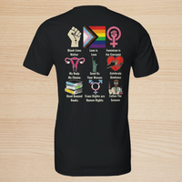 Load image into Gallery viewer, Flat lay back view of the No. 34 Human Rights premium luxury tee in black, displaying the striking 3x3 line-art icon grid celebrating inclusivity and equity.