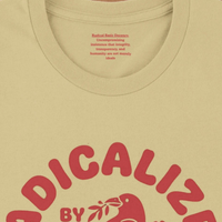 Load image into Gallery viewer, Close-up of the No. 35 Radicalized By Basic Decency shirt chest and hidden inner collar in Soft Cream, highlighting the raspberry red archival crow design and the concealed manifesto typography.