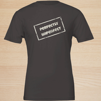 Load image into Gallery viewer, Flat ghost mockup of the Perfectly Imperfect intentional rebellion tee in dark heather grey.