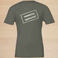 Load image into Gallery viewer, Flat ghost mockup of the Perfectly Imperfect grunge graphic tee in olive green.