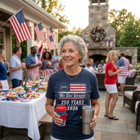 Load image into Gallery viewer, Elegant mature woman wearing a premium Heather Midnight Navy We The People 250 Years shirt at an outdoor Fourth of July party, showcasing the soft side-seamed drape and vintage distressed Americana graphic.