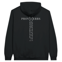 Load image into Gallery viewer, Black Proverbs 3:5-6 hooded sweatshirt, flat back view showing PROVERBS in serif capitals with the verse set vertically through the lettering to form a cross, and 3:5-6 beneath.
