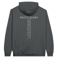 Load image into Gallery viewer, Charcoal Proverbs 3:5-6 hooded sweatshirt, flat back view showing PROVERBS in serif capitals with the verse set vertically through the lettering to form a cross, and 3:5-6 beneath.
