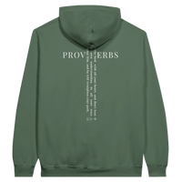 Load image into Gallery viewer, Military Green Proverbs 3:5-6 hooded sweatshirt, flat back view showing PROVERBS in serif capitals with the verse set vertically through the lettering to form a cross, and 3:5-6 beneath.
