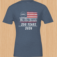 Load image into Gallery viewer, Front-facing studio shot of the soft heathered Independence Day top in Heather Navy, showcasing the raw, uncompromising energy of the 250 Years historical defiance graphic.