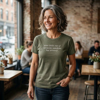 Load image into Gallery viewer, Silver-haired woman in a café — Your Little Ray of Sarcastic Sunshine Has Arrived heather military green premium graphic tee by Vital Threads.