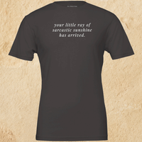 Load image into Gallery viewer, Studio product shot — Your Little Ray of Sarcastic Sunshine Has Arrived vintage black premium graphic tee — Alabaster two-pass artisanal print by Vital Threads.