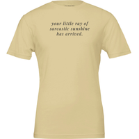Load image into Gallery viewer, Flat lay of the warm cream Your Little Ray of Sarcastic Sunshine Has Arrived premium graphic tee — Deep Espresso artisanal print by Vital Threads.