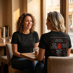 Savage With My Standards shirt in Black — two women in café showing front soft with myself script and back anatomical heart manifesto graphic, premium double-sided tee