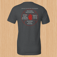 Load image into Gallery viewer, Savage With My Standards shirt in Dark Grey Heather — back flat lay showing anatomical heart graphic and full manifesto circle, artisanal two-pass print