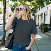 Load image into Gallery viewer, Savage With My Standards shirt in Dark Grey Heather — woman outdoors wearing soft with myself front script, side-seamed premium graphic tee