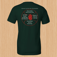 Load image into Gallery viewer, Savage With My Standards shirt in Forest — back flat lay showing anatomical heart graphic and manifesto circle, combed ring-spun cotton tee
