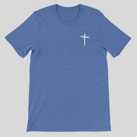 Load image into Gallery viewer, Flat lay of the Heather Columbia Blue Trust In Him shirt, showing the hand-drawn cross graphic with "Trust In Him" on the chest.