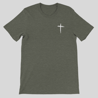 Load image into Gallery viewer, Flat lay of the Heather Military Green Trust In Him shirt, showing the hand-drawn cross graphic with "Trust In Him" on the chest.