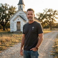Load image into Gallery viewer, Man wearing the Vintage Black Trust In Him shirt with a small hand-drawn cross graphic, standing in front of a small white country church at golden hour.