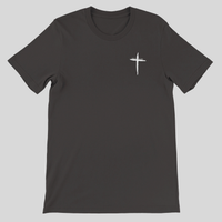 Load image into Gallery viewer, Flat lay of the Vintage Black Trust In Him shirt, showing the hand-drawn cross graphic with "Trust In Him" on the chest.