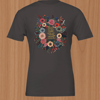 Load image into Gallery viewer, Front view mockup of the Trust in the Lord shirt in Dark Grey Heather — botanical floral wreath with Proverbs 3:5 typography.