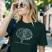 Load image into Gallery viewer, Blonde woman with sunglasses walking on a city street wearing the solid black No. 05 Symbiosis premium luxury tee, featuring a bone-white anatomical brain graphic and Applied Intelligence typography.