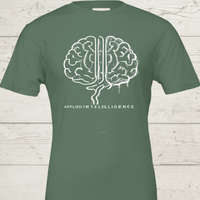 Load image into Gallery viewer, Flat product shot of the Military Green No. 05 Symbiosis premium luxury tee featuring the bone-white Applied Intelligence graphic.