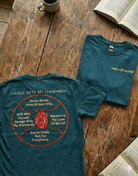 Load image into Gallery viewer, Flat lay featuring two Deep Teal No. 10 The Manifesto premium luxury tees, showcasing both the front and back graphics.