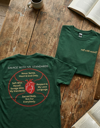 Load image into Gallery viewer, Flat lay featuring two dark forest green No. 10 The Manifesto premium luxury tees, showing both the front and back dual-sided print.
