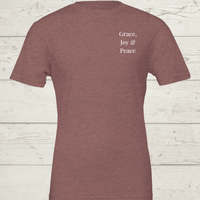 Load image into Gallery viewer, Flat product shot of the Heather Mauve No. 11 The Trilogy premium luxury tee featuring minimalist left chest typography.