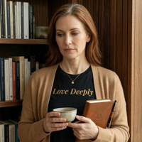 Load image into Gallery viewer, Mature woman wearing the solid black No. 12 The Practice premium luxury tee featuring minimalist gold text.