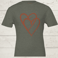 Load image into Gallery viewer, Flat lay of the Heather Military Green No. 13 interlocking hearts premium luxury tee.