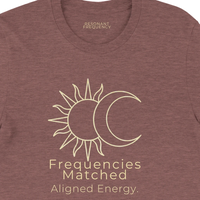 Load image into Gallery viewer, Flat lay of the Heather Mauve No. 15 premium luxury tee showcasing the gold Frequencies Matched and Aligned Energy typography.
