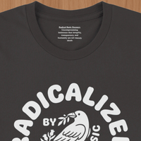 Load image into Gallery viewer, Macro close-up of the interior collar on the No. 35 Radicalized By Decency shirt, revealing the hidden text: Radical Basic Decency. Uncompromising insistence that integrity, transparency, and humanity are not merely ideals.