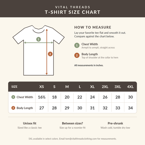 Vital Threads t-shirt size chart: chest width and body length in inches for sizes XS through 4XL, with how-to-measure diagram.